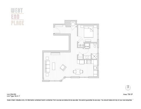 Floor plan for 1 bed, 1 bath, 758 sqft